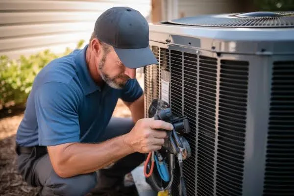 Technician servicing a residential outdoor air-conditioning unit