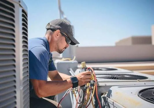 Technician checking gauges and electrical connections on rooftop HVAC equipment